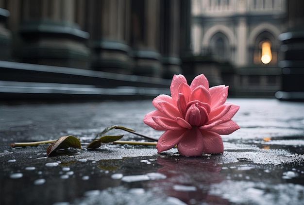 una flor rosa se encuentra en un terreno húmedo en el estilo de un edificio religioso