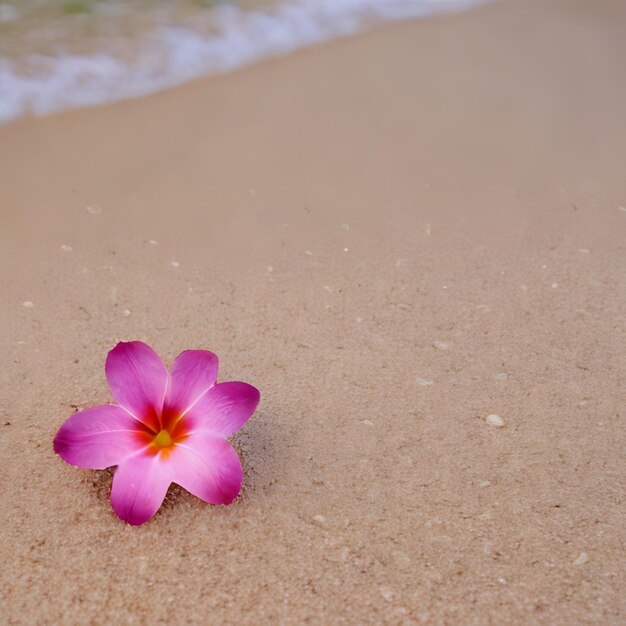 una flor rosa está en la arena en la playa