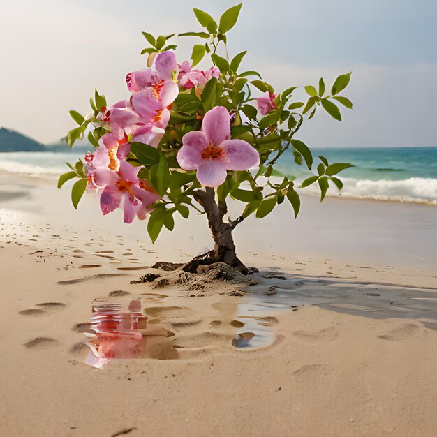 una flor rosa está creciendo en la arena en una playa