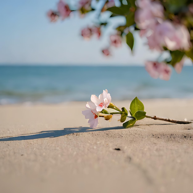 una flor rosa está creciendo en la arena en la playa