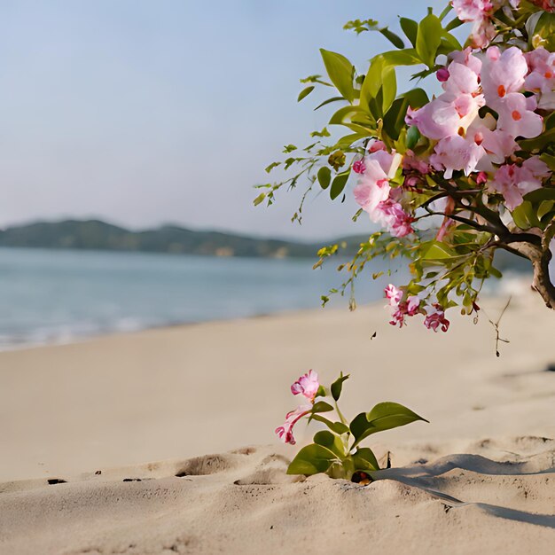 una flor rosa está creciendo en la arena en una playa