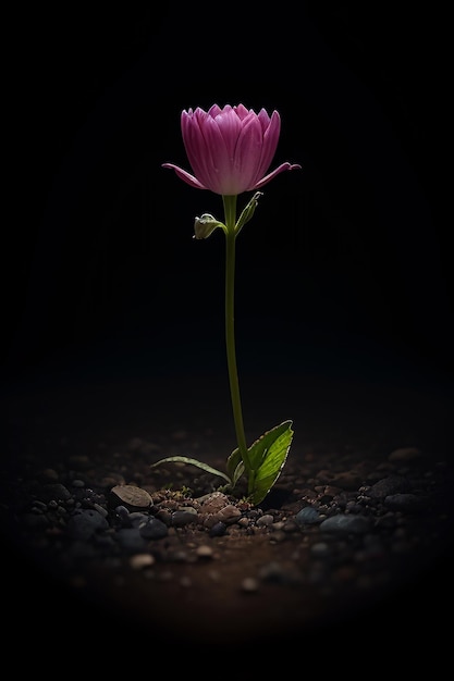 Una flor rosa está en la oscuridad con la luz brillando sobre ella.