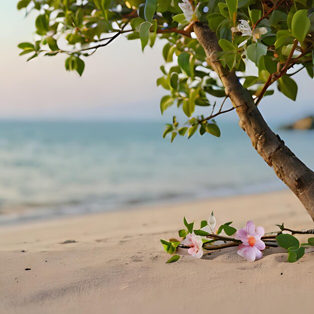 una flor rosa está en la playa y el agua es azul