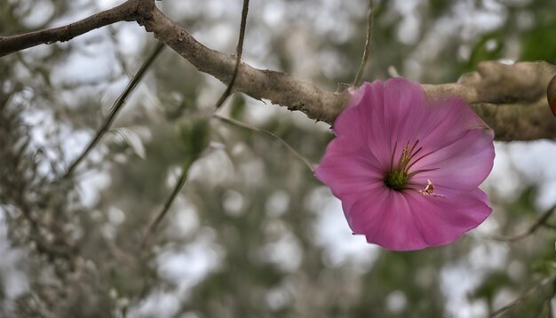 una flor rosa está en una rama con la palabra i en ella