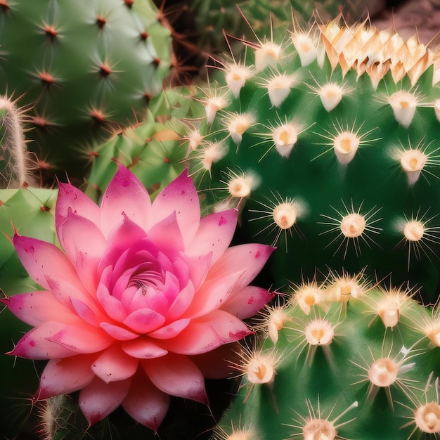 Una flor rosa está rodeada de muchos cactus.