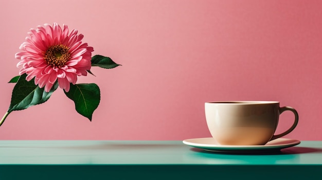 una flor rosa está en una taza en una mesa