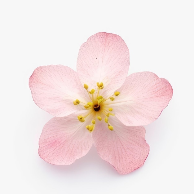 Una flor rosa con estambres amarillos.