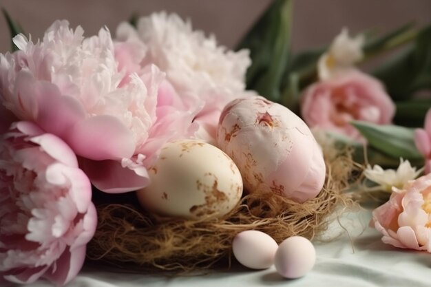 Flor rosa floral dia feriado flor peônia ovo de páscoa fundo primavera Generative AI
