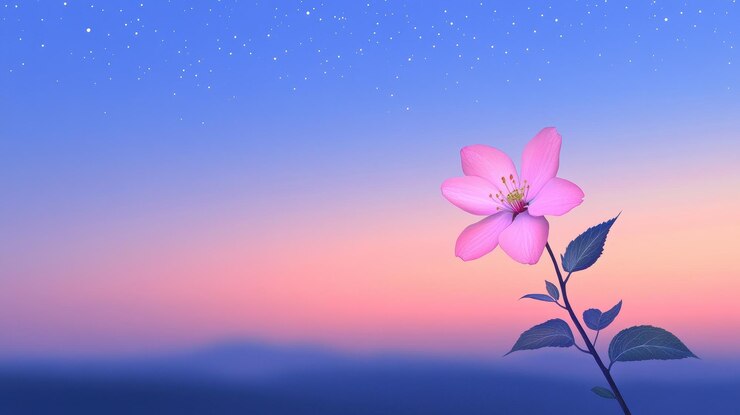 La flor rosa florece bajo el cielo estrellado del crepúsculo