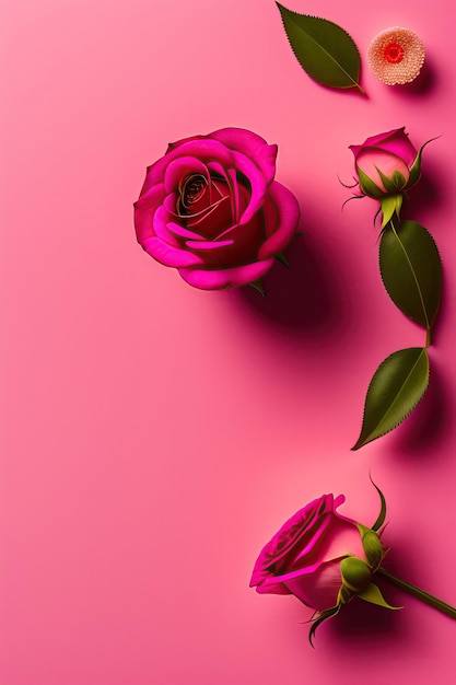 Una flor de rosa floreciente sobre fondo rosa Vista plana superior espacio de copia de composición mínima