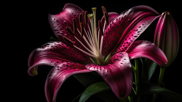 Una flor rosa con un fondo negro.