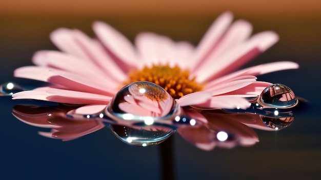 Una flor rosa con una gota de agua sobre ella.