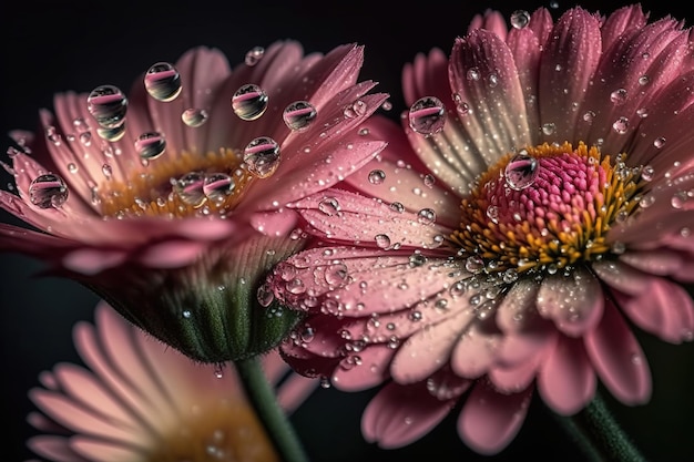 Una flor rosa con una gota de agua sobre ella.