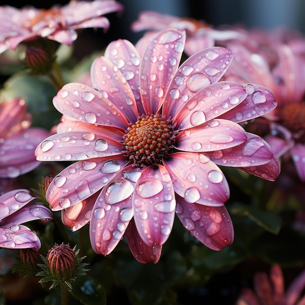 Una flor rosa con gotas de agua