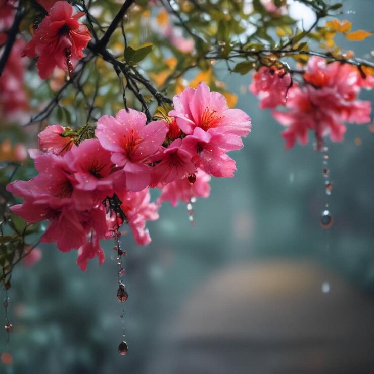 una flor rosa con gotas de lluvia en ella