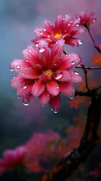 Una flor rosa con gotas de lluvia