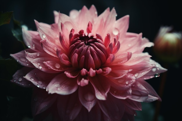 Una flor rosa con gotas de lluvia