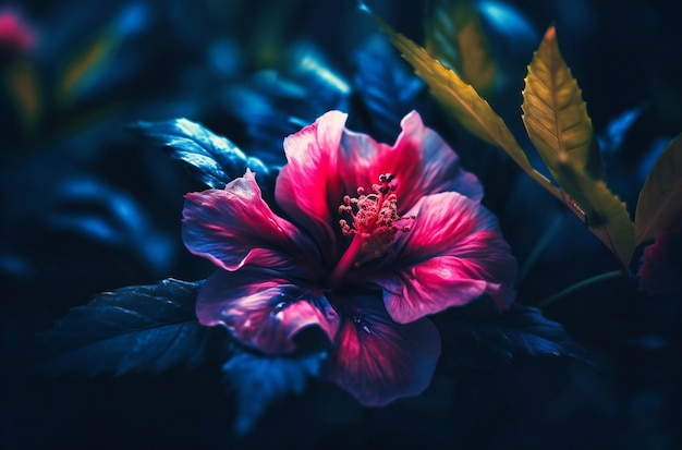 Flor rosa con hojas sobre un fondo azul oscuro