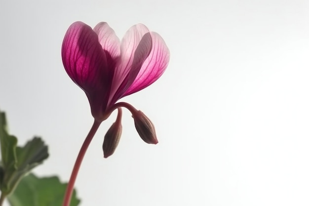 Una flor rosa con hojas verdes y un fondo blanco.