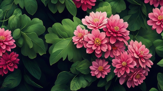 Una flor rosa con hojas verdes.