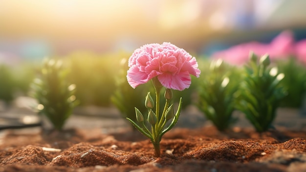 Una flor rosa en un jardín con el sol brillando sobre ella