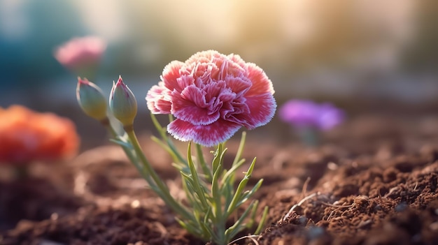 Una flor rosa en el jardín con el sol detrás de ella