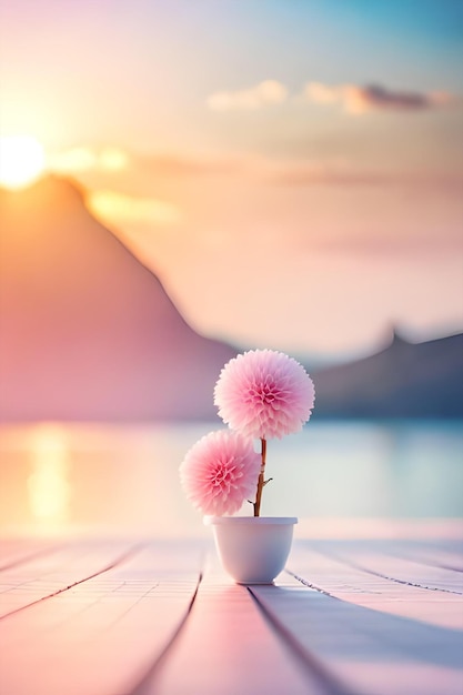 Una flor rosa en una maceta blanca se sienta en una plataforma de madera con una puesta de sol en el fondo.