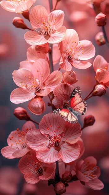 Foto una flor rosa con mariposas en ella