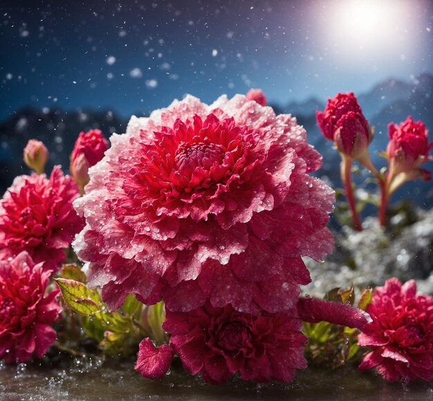 una flor rosa con nieve y la palabra nieve en ella