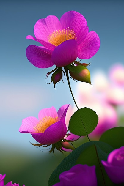 Una flor rosa con pétalos amarillos y rosas está en primer plano.