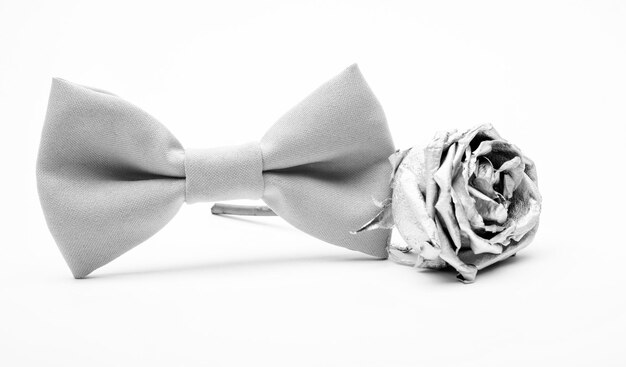 Flor rosa plateada y pajarita masculina aislada en blanco Accesorios de boda Aspecto elegante Detalle esteta Estilo formal moderno Accesorio de moda estilo vintage y retro Boda de novio