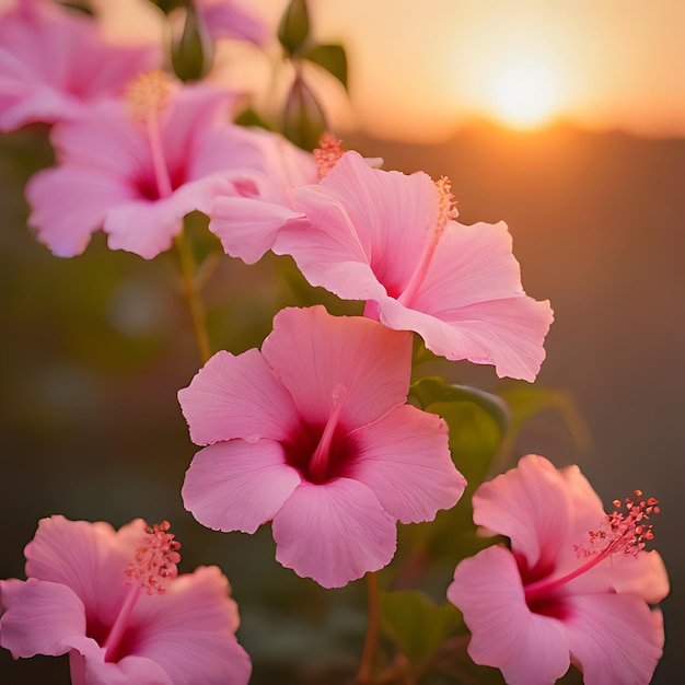 una flor rosa con la puesta de sol en el fondo