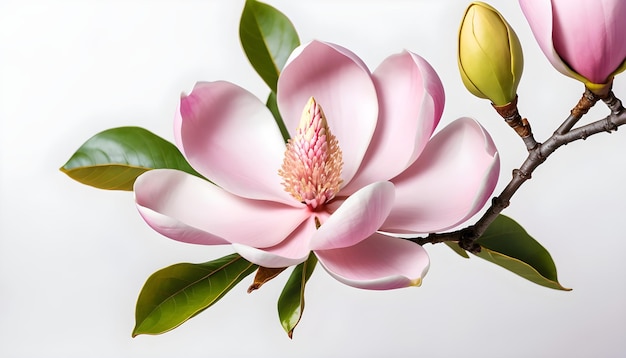 una flor rosa en una rama de magnolia en flor de primer plano en fondo blanco