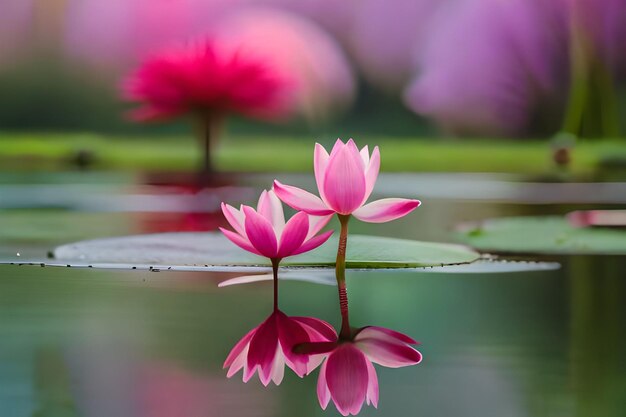 una flor rosa con el reflejo de la flor de loto en el agua