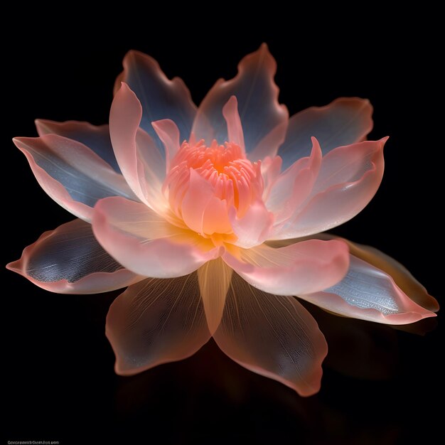 una flor rosa con el reflejo de una flor de loto en la oscuridad.