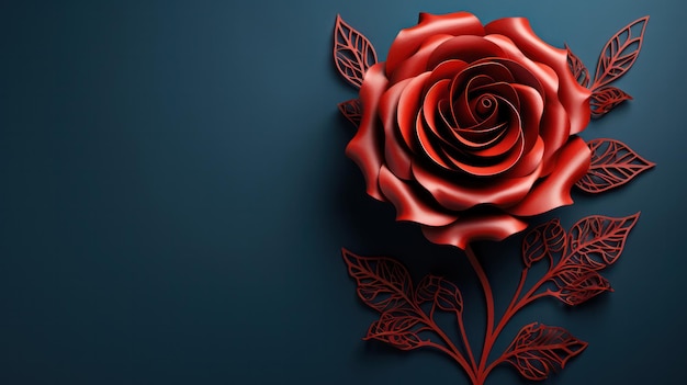 La flor de la rosa roja cortada en papel descansa en una superficie azul oscuro un símbolo de sofisticación romántica