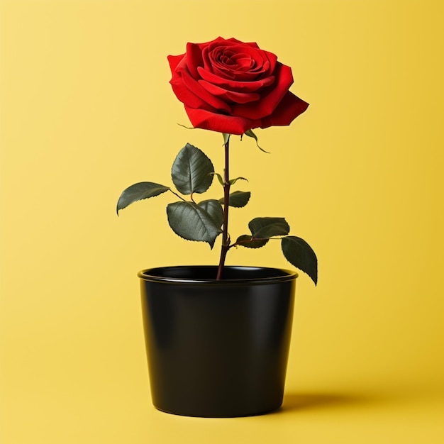 flor de rosa roja en maceta negra flotante de color sólido sobre fondo amarillo