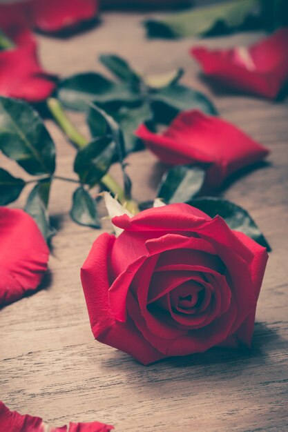 flor rosa roja en la mesa de madera