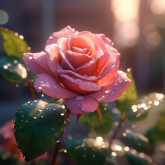 Flor de rosa rosa brillante con gotas de agua de lluvia imágenes Arte generado por IA