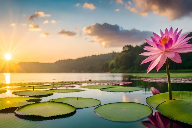 Foto una flor rosa se sienta en el agua con una puesta de sol en el fondo