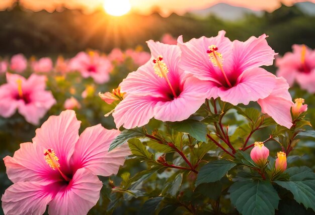 Foto una flor rosa con el sol poniéndose detrás de ella