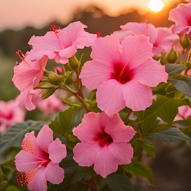 una flor rosa con el sol poniéndose detrás de ella