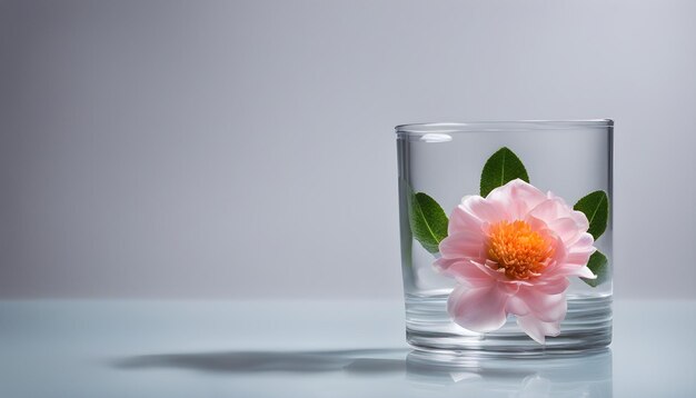 Flor rosa en un vaso de agua clara