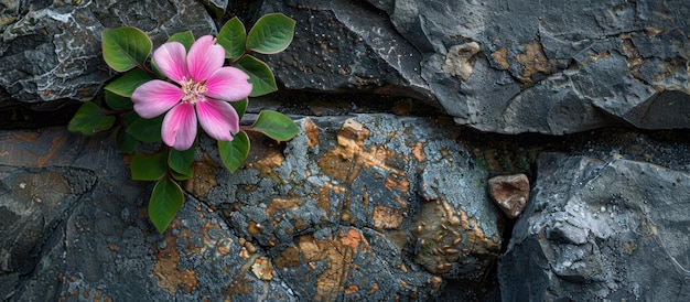 Foto una flor rosada creciendo en la pared de roca