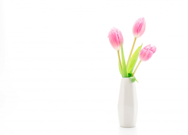 flor rosada del tulipán en florero en el fondo blanco