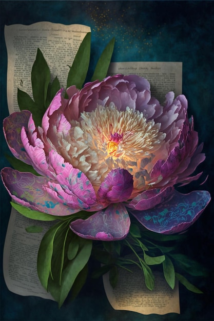 Flor roxa sentada em cima de um livro aberto generative ai