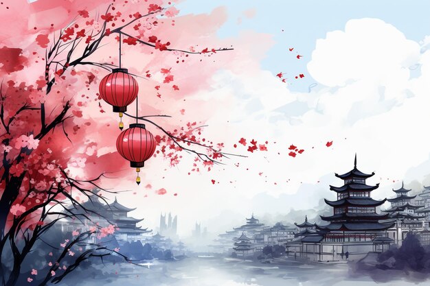 Flor de sakura y linterna con acuarela del templo con espacio para copiar