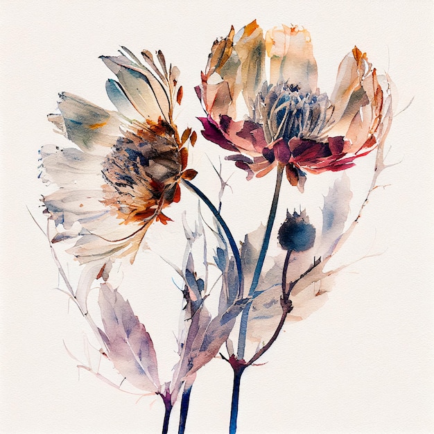 Flor seca aquarela de dupla exposição abstrata Ilustração digital