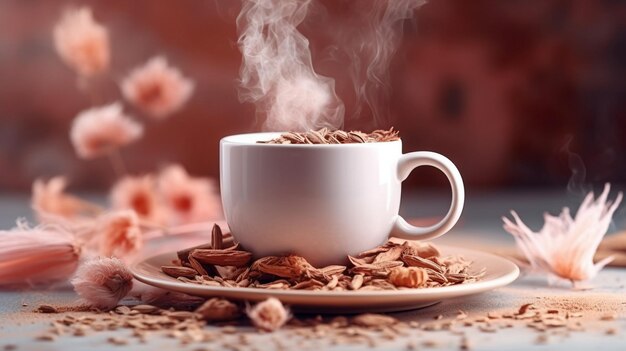 Foto flor seca en una taza de café con gotas de agua