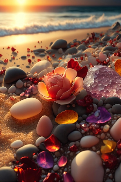 Flor sentada em cima de uma praia de areia ao lado do oceano gerador ai